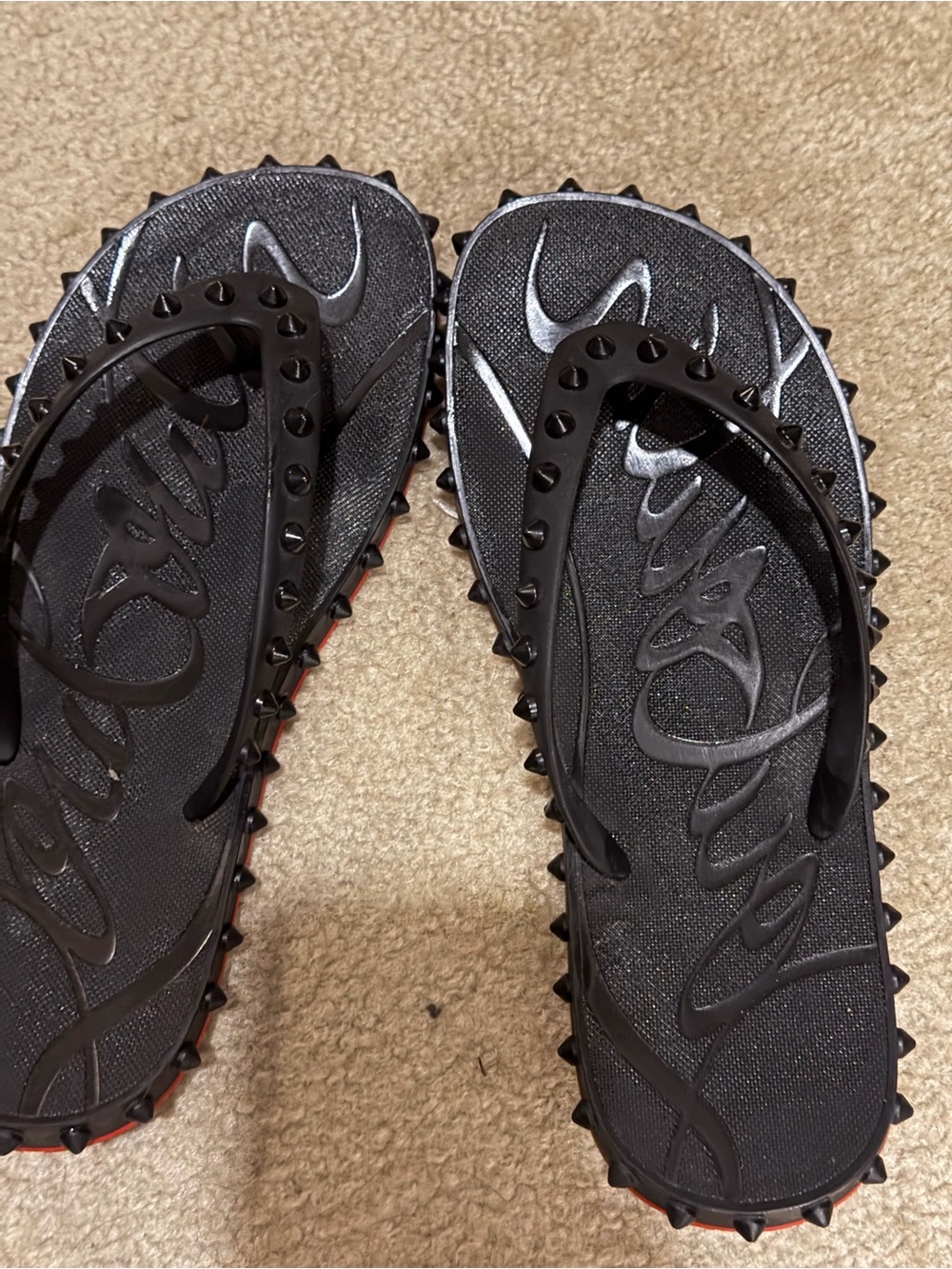Christian Louboutin Black Studded Thong Sandals with Red Sole Edge - Picture 6 of 8